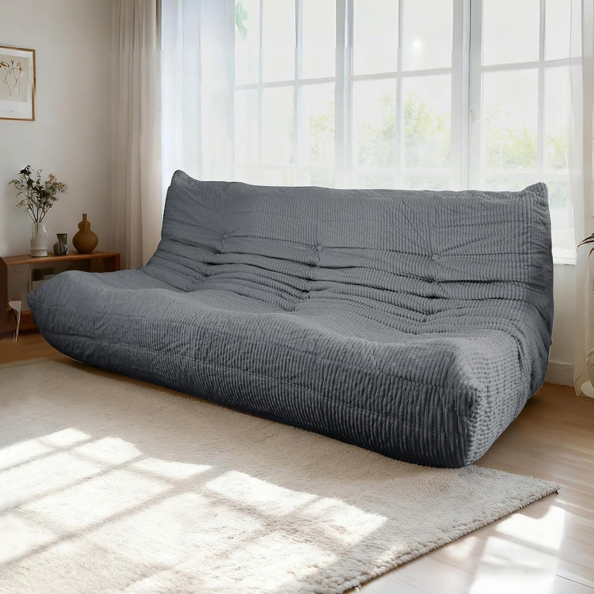 Fireside Loveseat Mid-Century Armless Sofa — Twin-Size Floor Lounger in Soft Premium Corduroy, Foam-Filled Accent Chair for Living Room or Bedroom (Grey, Three Seater)