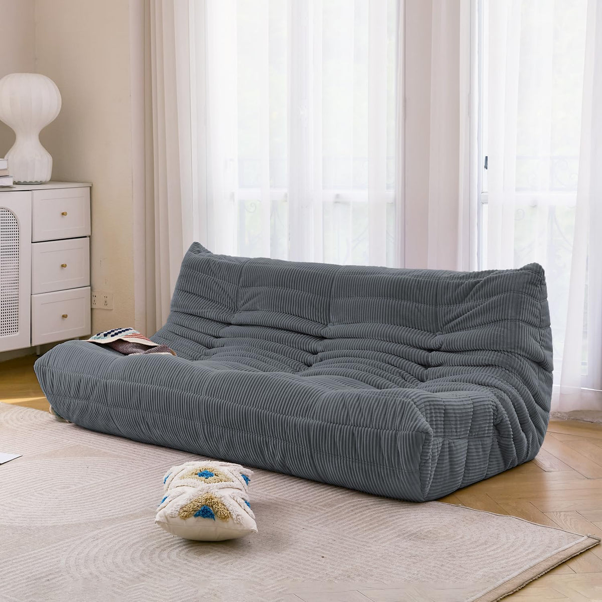 N&V Fireside Three Seater Sofa, Mid Century Armless Twin Size Floor Sofa, Soft Premium Corduroy Floor Lounge Chair, Foam Sofa Accent Chair for Living Room, Bedroom (Harbour Grey)
