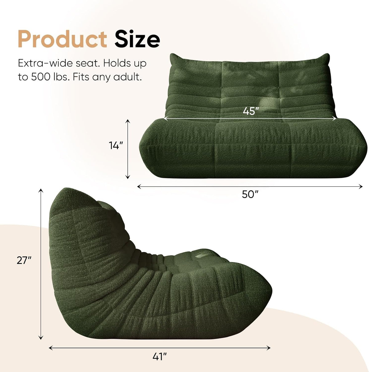 Bean Bag Chair, Fireside Chair, Large Bean Bag Chair for Adults, Bean Bag Chairs for Teens with High-Resilience Foam, Non-Slip Base Floor Lounge Sofa,Living Room (Green, Loveseat)