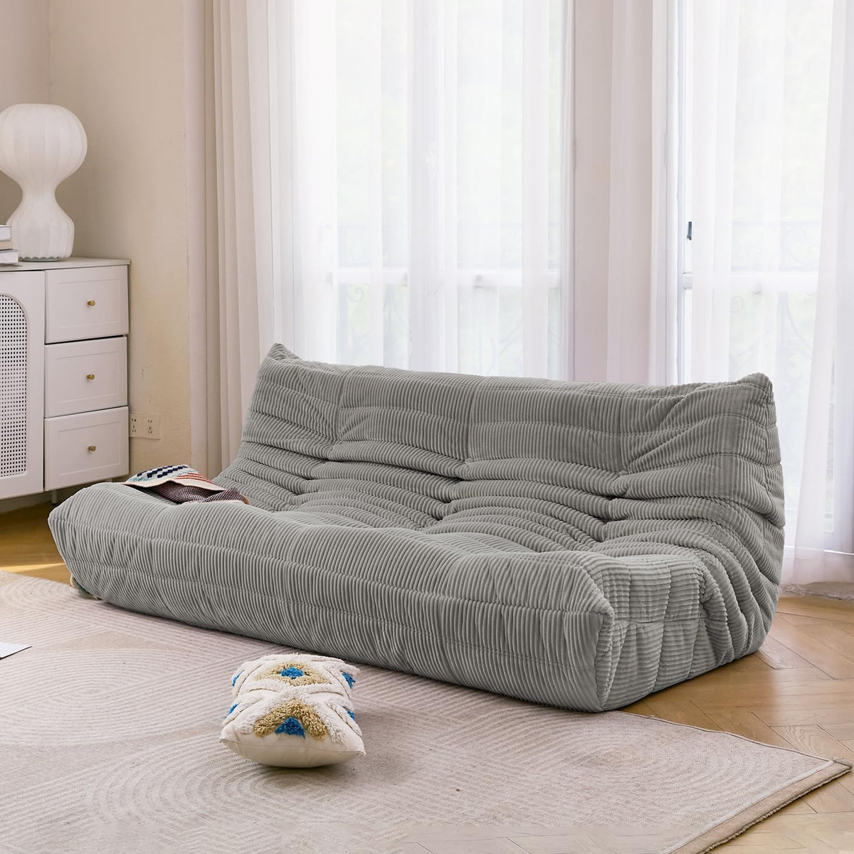 N&V Fireside Three Seater Sofa, Mid Century Armless Twin Size Floor Sofa, Soft Premium Corduroy Floor Lounge Chair, Foam Sofa Accent Chair for Living Room, Bedroom (Harbour Grey)