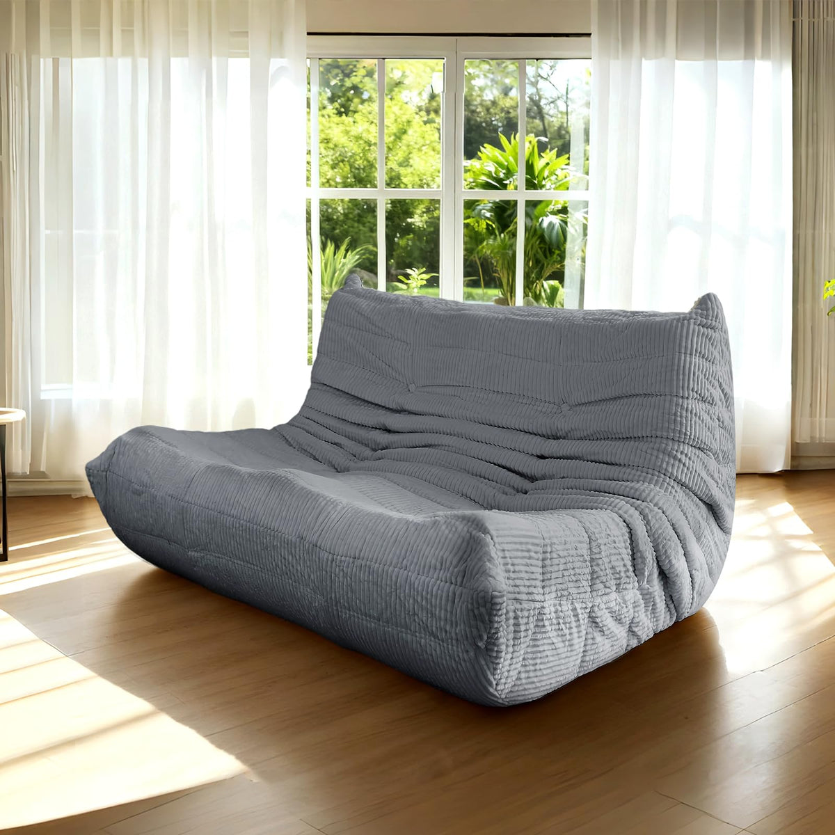 Fireside Loveseat Mid-Century Armless Sofa — Twin-Size Floor Lounger in Soft Premium Corduroy, Foam-Filled Accent Chair for Living Room or Bedroom (Grey, Three Seater)