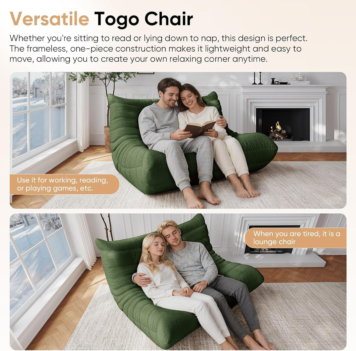 Bean Bag Chair, Fireside Chair, Large Bean Bag Chair for Adults, Bean Bag Chairs for Teens with High-Resilience Foam, Non-Slip Base Floor Lounge Sofa,Living Room (Green, Loveseat)