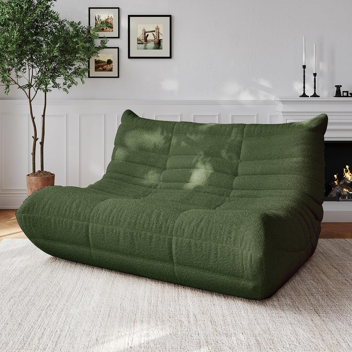 Bean Bag Chair, Fireside Chair, Large Bean Bag Chair for Adults, Bean Bag Chairs for Teens with High-Resilience Foam, Non-Slip Base Floor Lounge Sofa,Living Room (Green, Loveseat)