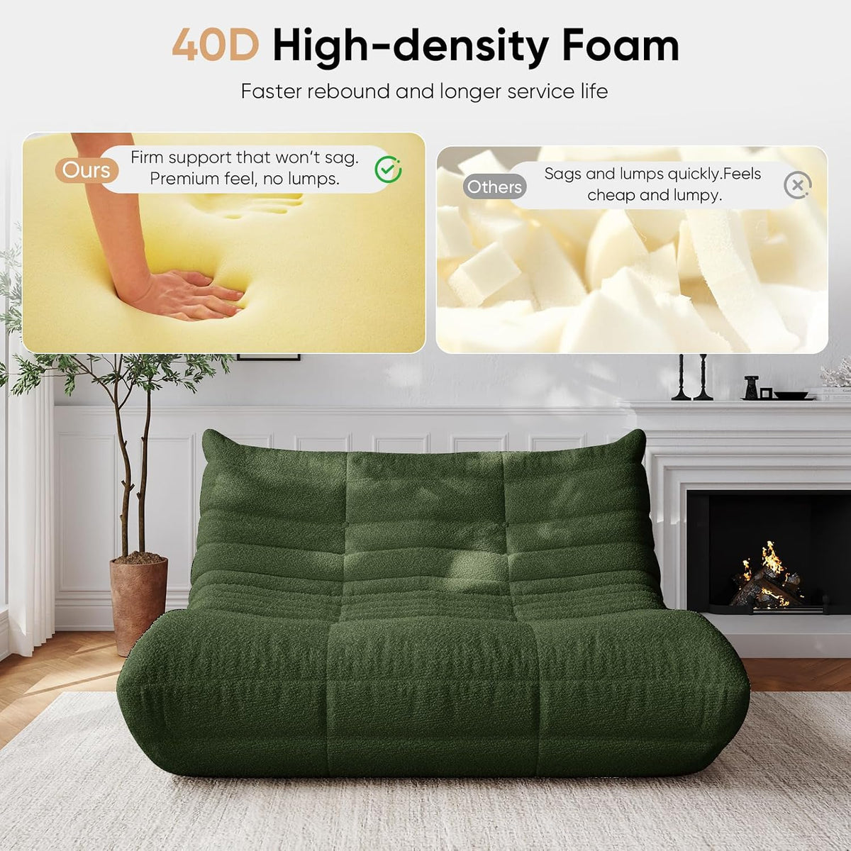 Bean Bag Chair, Fireside Chair, Large Bean Bag Chair for Adults, Bean Bag Chairs for Teens with High-Resilience Foam, Non-Slip Base Floor Lounge Sofa,Living Room (Green, Loveseat)